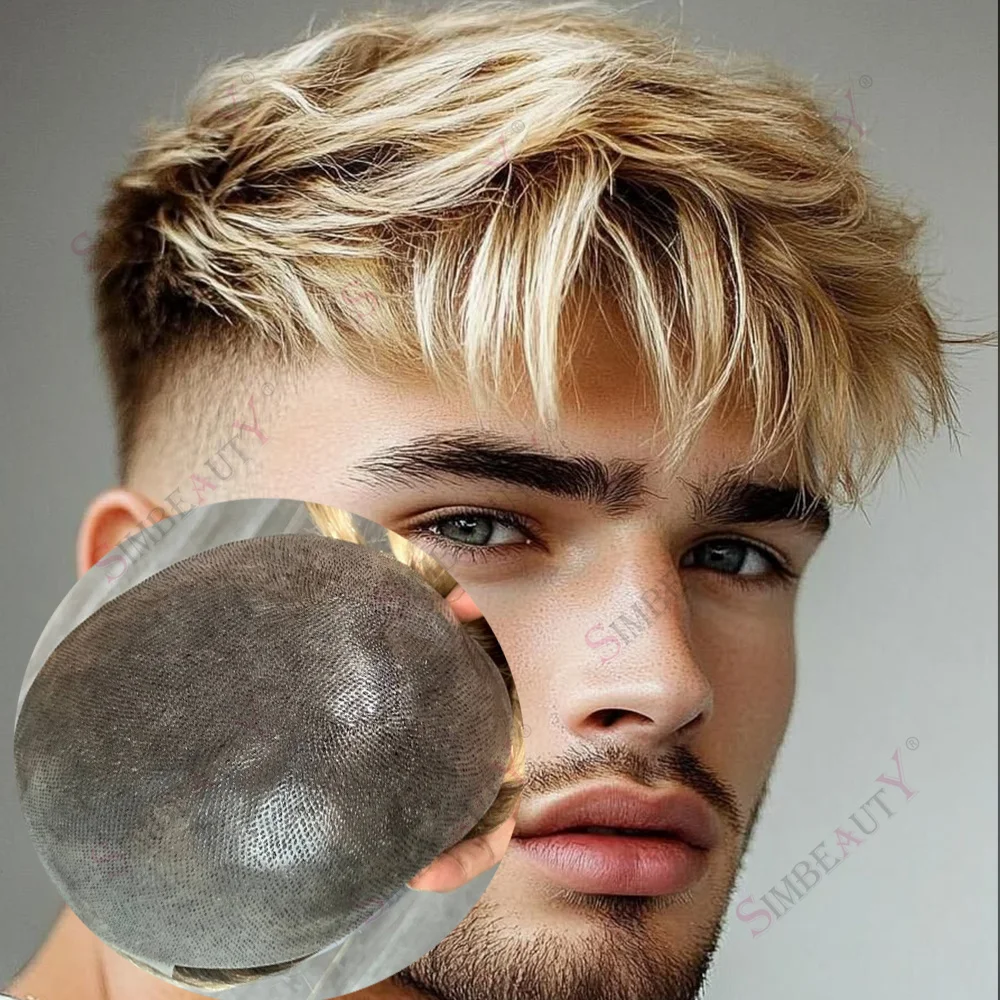

Natural Hairline Light Brown Roots Ombre Blonde Human Hair Toupee 0.06mm Ultra Thin Skin Men's Capillary Prosthesis Hairpieces