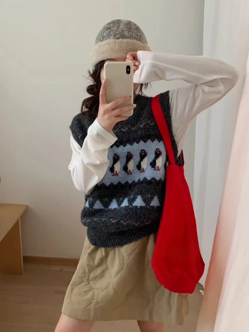 Sweter damski z dzianiny w stylu retro z motywem pingwina, okrągły dekolt, kamizelka, jesienno-zimowy, do noszenia warstwowo, miękka mieszanka wełny.