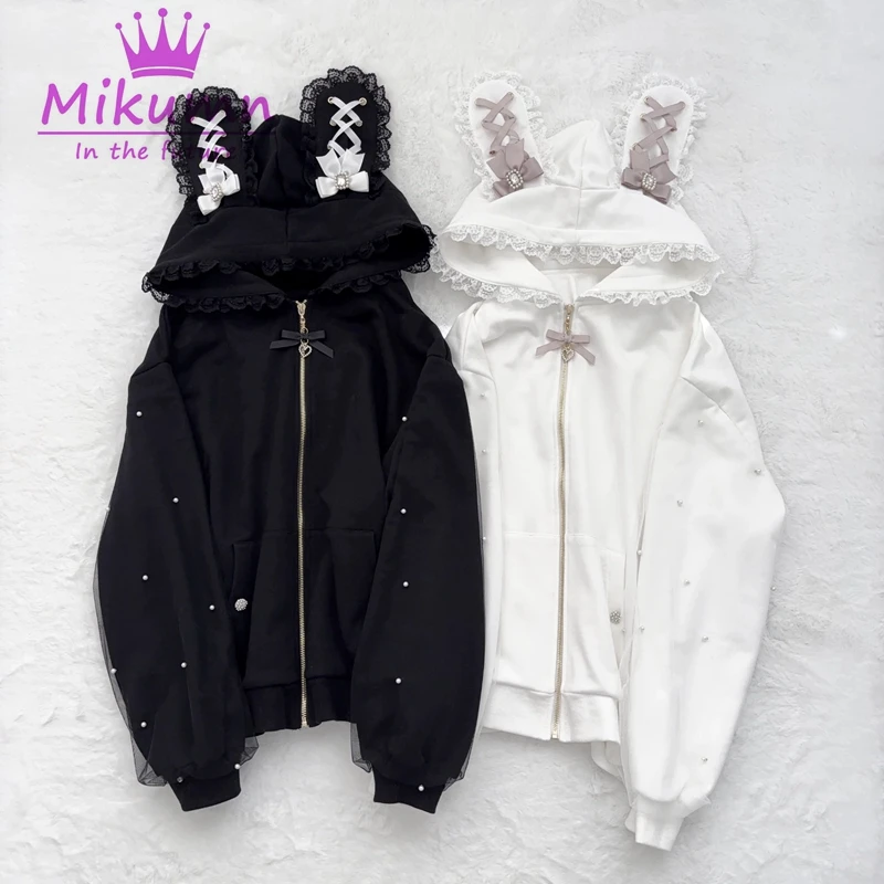 

Mikumn Harajuku японские женские куртки Y2k готические девушки с бантом на молнии кружевные толстовки с заячьими ушками большие пальто Kawaii Ropa Mujer
