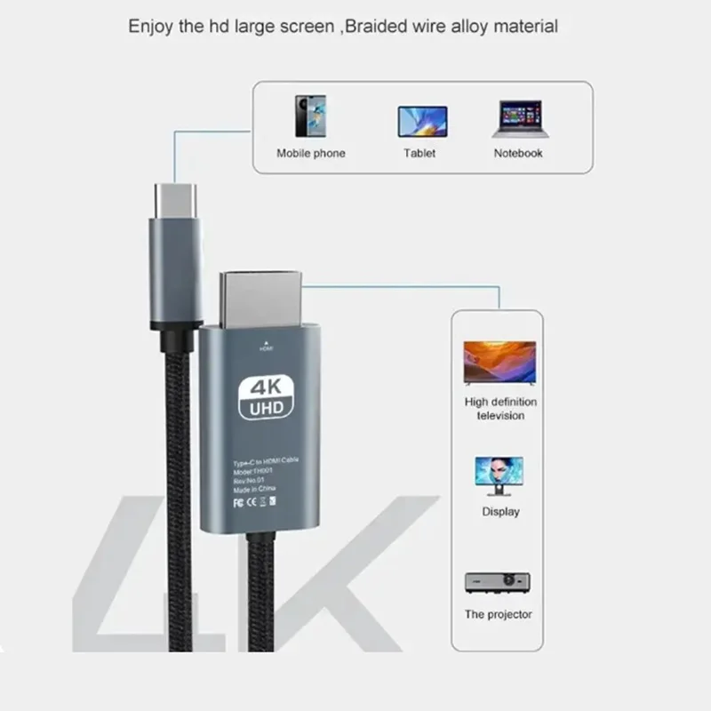 Type C To 4K 30Hz HDMI-Compatible Adapter Cable Phone Monitor Screen HDTV Adapter Cable Computer Video Same Screen HDMI Cable