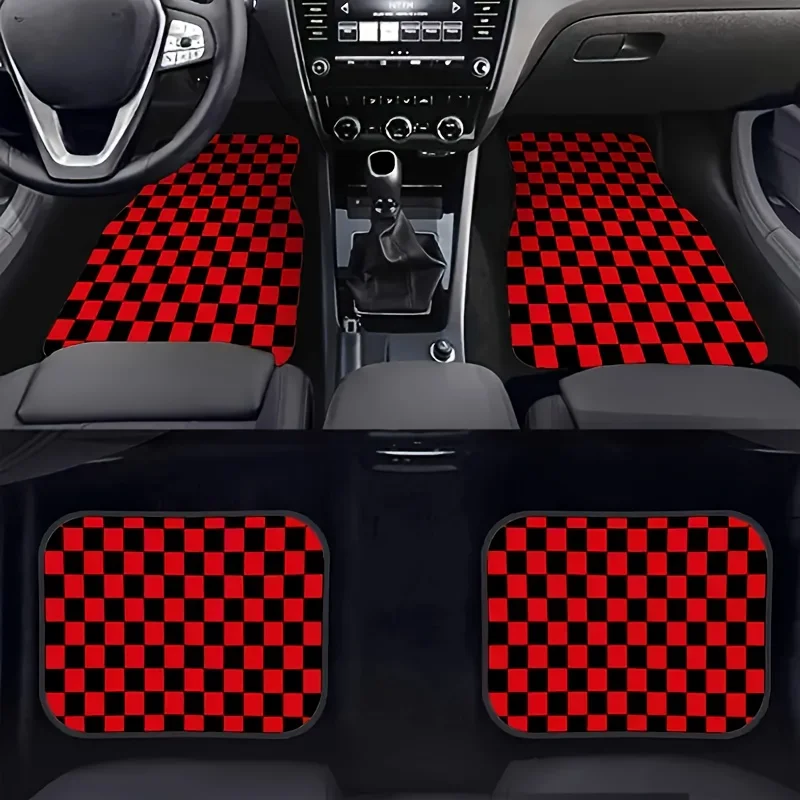 

4pcs Red Checkered Car Floor Mats - Durable Polyester, All-Season Comfort, Stylish Interior Protection For Vehicles, Automotive