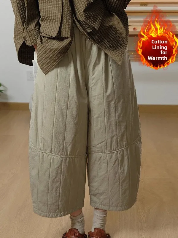 

Художественные свободные хлопковые брюки с высокой талией и карманами, теплые осенне-зимние женские брюки больших размеров, утягивающие, с широкими штанинами, укороченные (7/8)