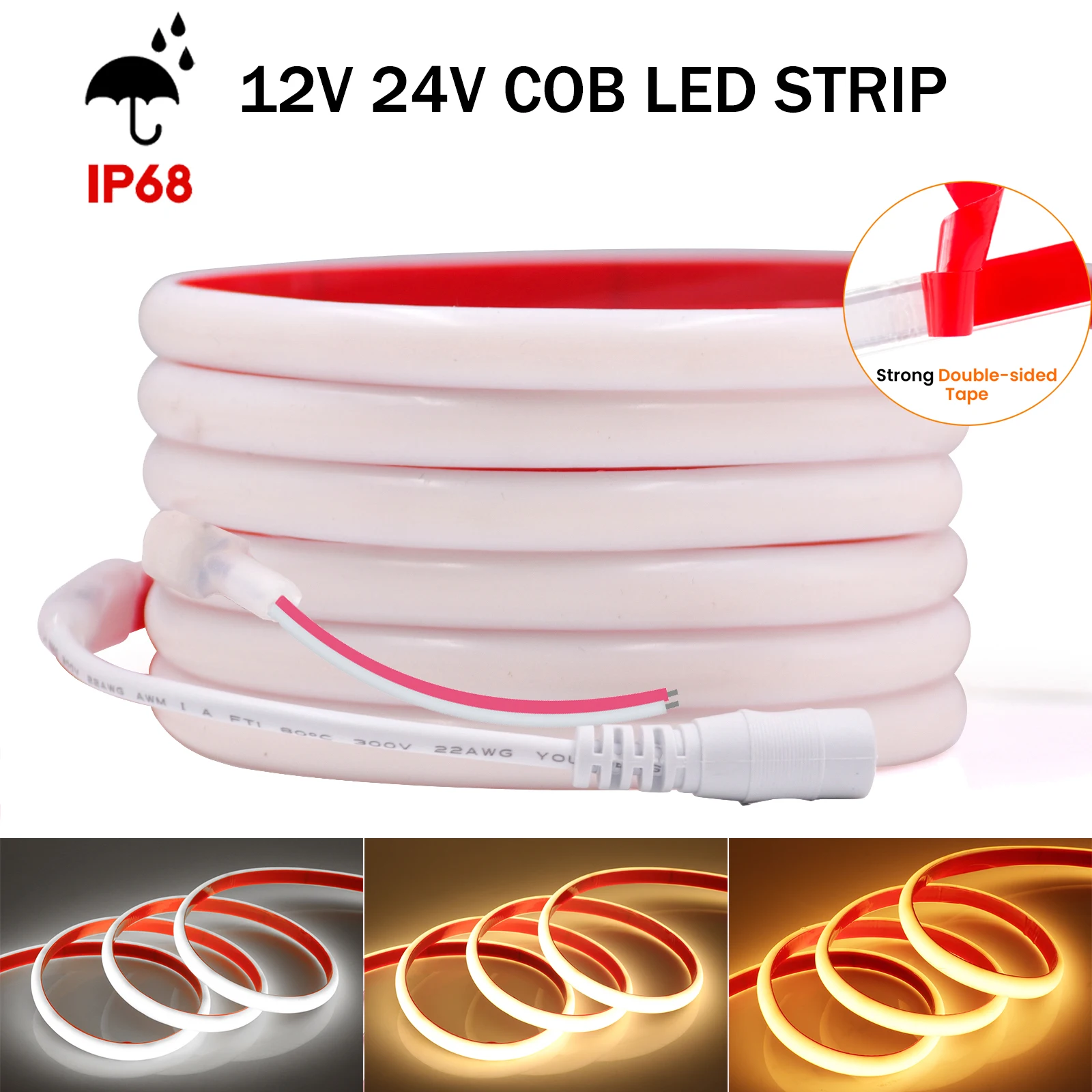 IP68 Waterproof COB LED Strip Light 12V 24V 320LEDs/m Flexible LED Neon Tape for Outdoor Swimming Pool High Density Linear Light