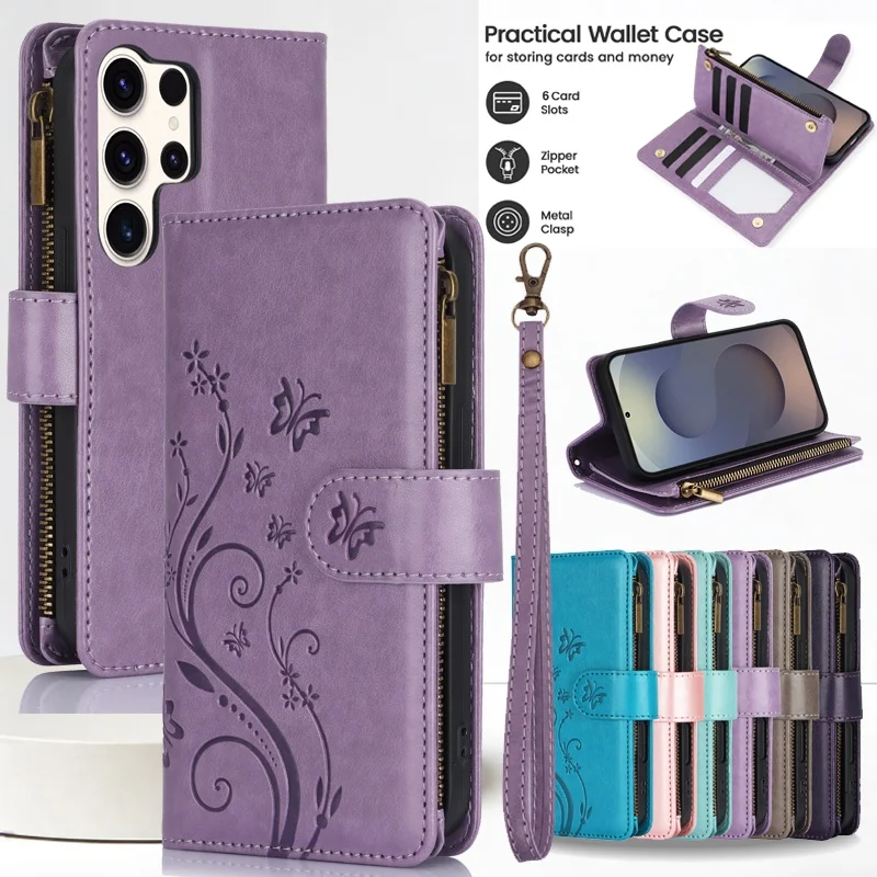 Pattern Leather Wallet Phone Case for Samsung Galaxy S26 Plus S25 Ultra S24 FE S23 S22 S21 Wrist Strap Zipper Cards Holder Cover