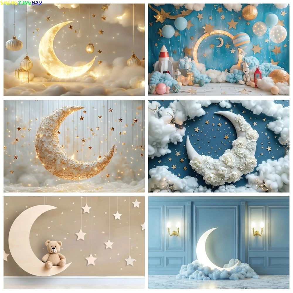 Moon Starry Sky Backdrops For Photography Twinkle Little Star Moon Boy Girl Birthday Party Background Decor Photo Studio Props
