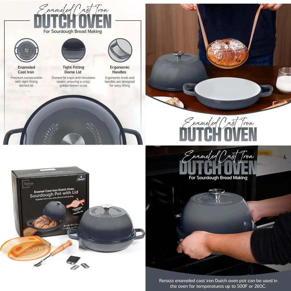 

6 Quart Grey Cast Iron Dutch Oven with Lid - Ideal for Sourdough Bread and More, Includes Bread Lame & Silicone Sling