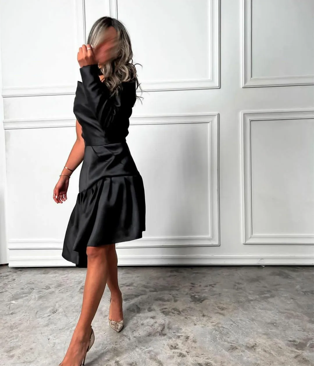 Personalizado curto cetim babados vestidos de noite preto um ombro chá comprimento robes de soirée formal vestido de festa para mulher