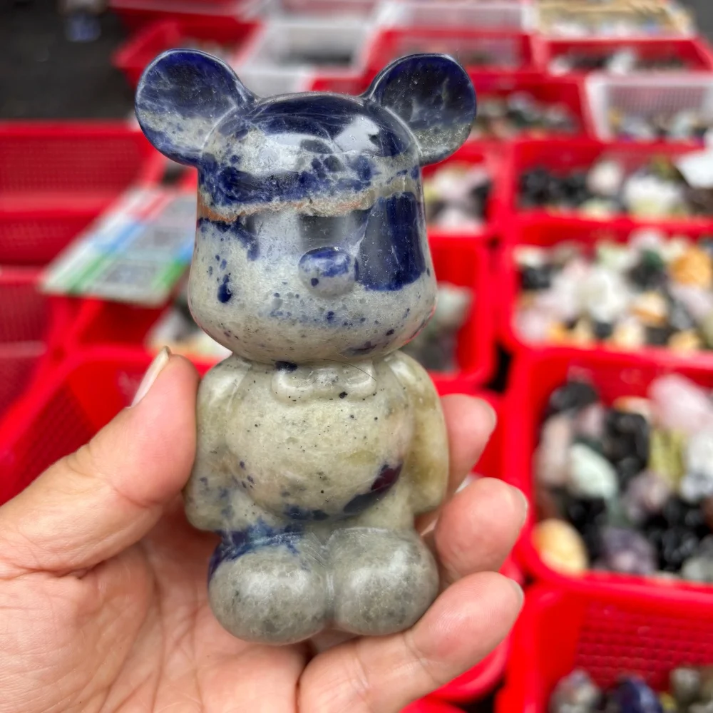 1PCS Natural Quartz with Blue Sodalite Cartoon Bear Carving Polished Reiki Healing Energy Stone for Feng Shui Room Decor & Gift