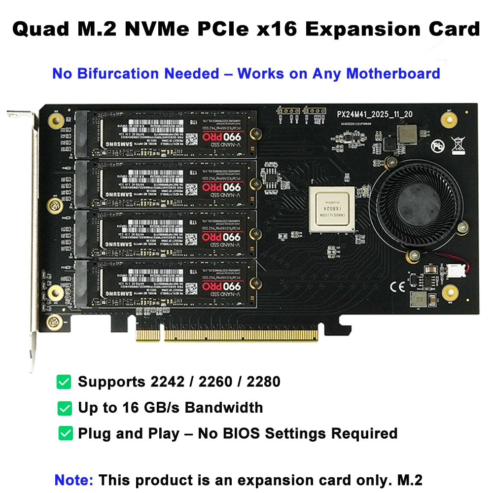 4 Port M.2 NVMe PCIe 4.0 Switch Expansion Card No Bifurcation Needed for Mac PC Workstation