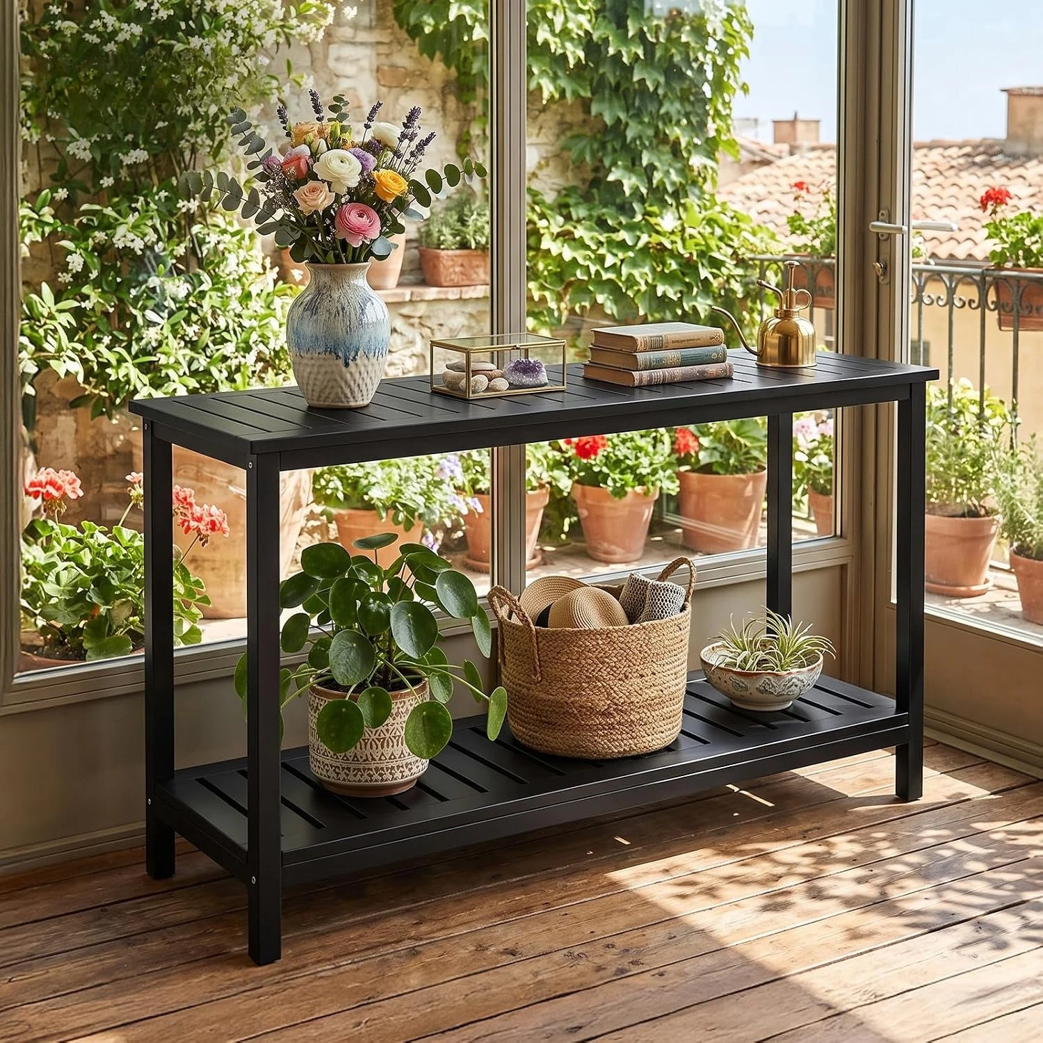 49in Solid Wood Outdoor Console Table, 2-Tier Patio Buffet Bar Table, Multi-Functional Storage Sideboard for Garden, Porch, Balcony (Black)