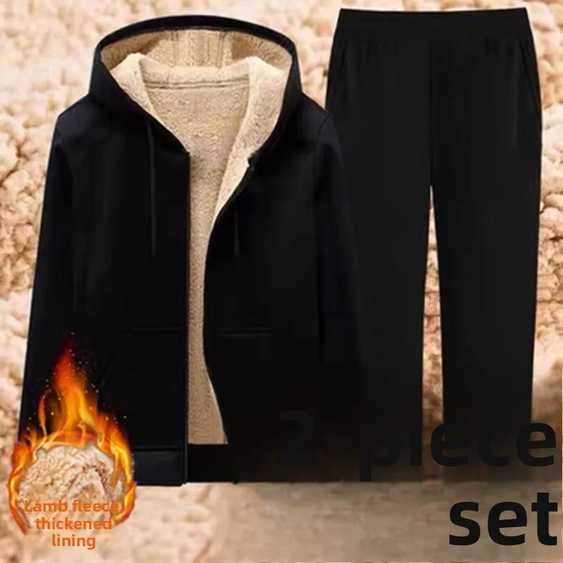 

Теплый бархатный комплект свитшотов из ягненка, мужская повседневная спортивная рабочая одежда на подкладке, осенне-зимние длинные брюки-све, смесь полиэстера