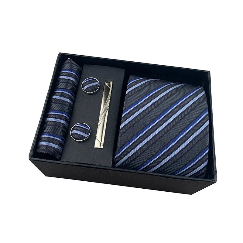 Men's Business Tie Square Towel Gift Box Striped Plain Suit Shirt Tie Black Gift Box Set