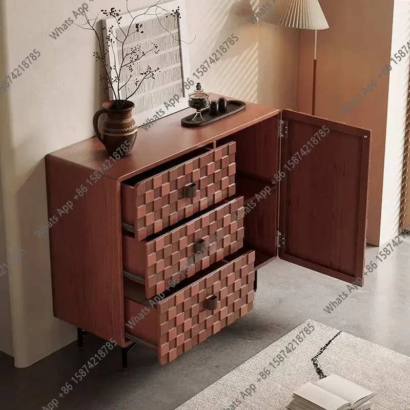 I HEk Medieval Log Color Solid Wood Splicing Square Plaid Side Cabinet Retro Silent Wind Nordic Side Cabinet Locker S