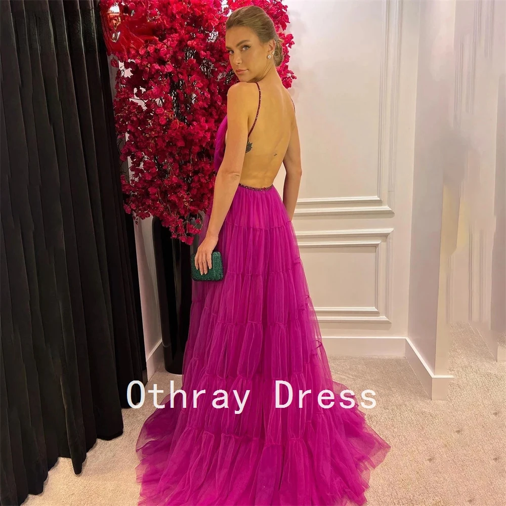 Classic Fuchsia Tulle Prom Dresses With Train Long Halter V-Neck Saudi Formal Party Gowns A-Line Open Back Vestidos de noche