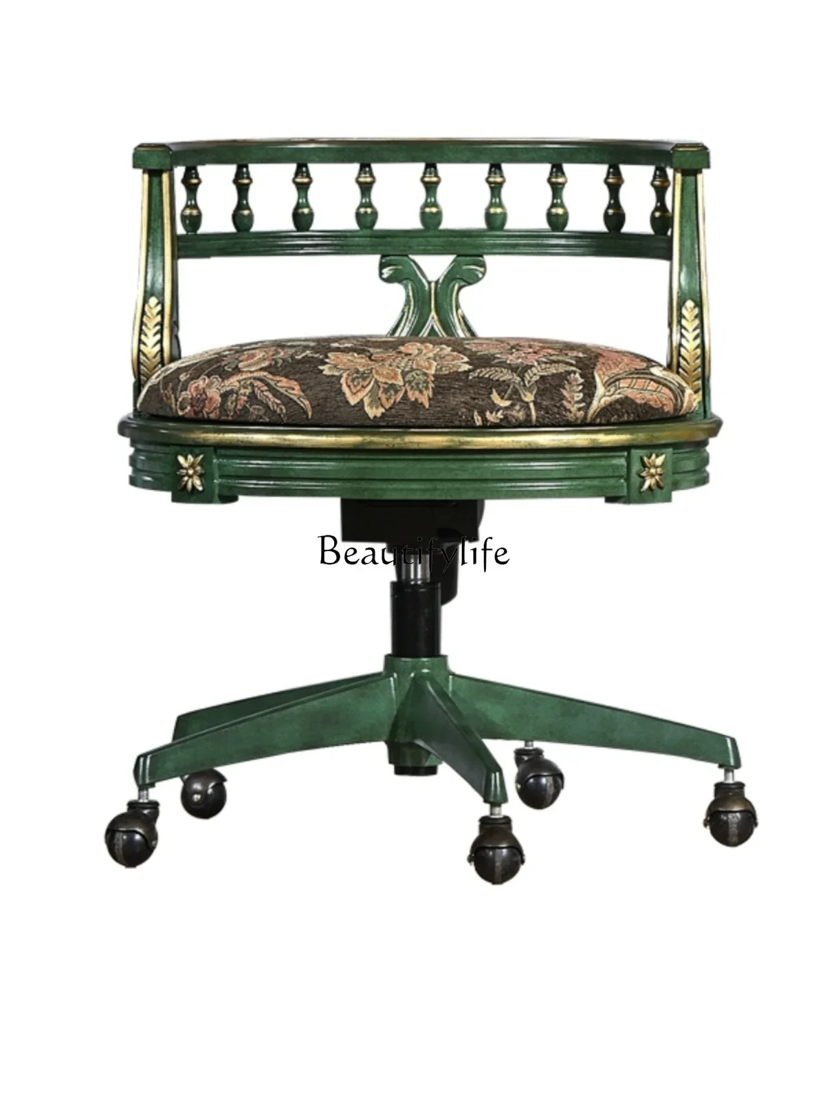 

pg45American Light Luxury Solid Wood Home Study Chair European Retro Green Distressed Adjustable Spinning Lift Office Chair