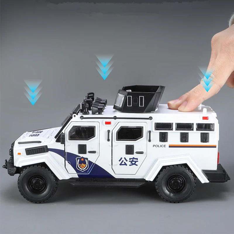 1:24 Alloy Tiger Armored Car Truck Model Diecasts Metal Toy Police Explosion Proof Car Vehicles Model Sound and Light Kids Gifts