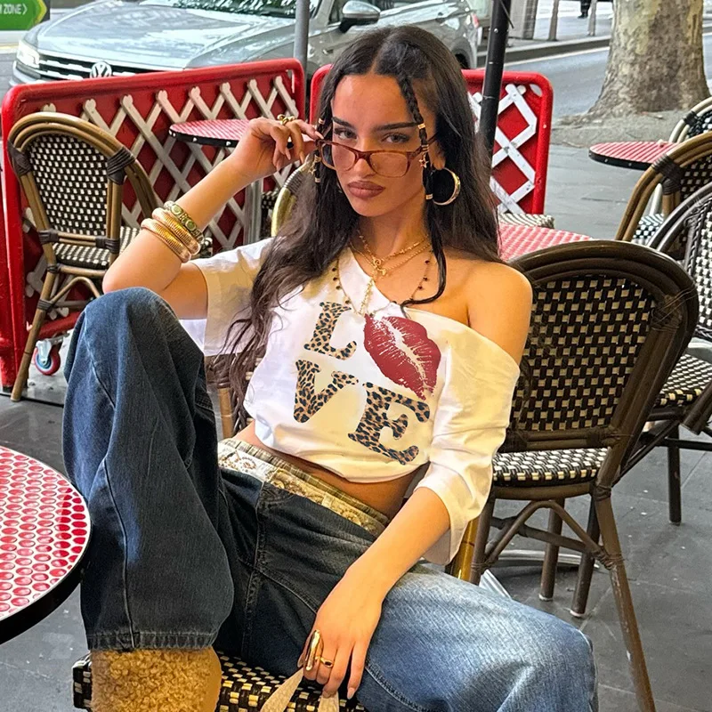 

European and American Cross-Border Streetwear Leopard Print Letter Print V-Neck Short Sleeve American Hot Girl Sexy Tank Top