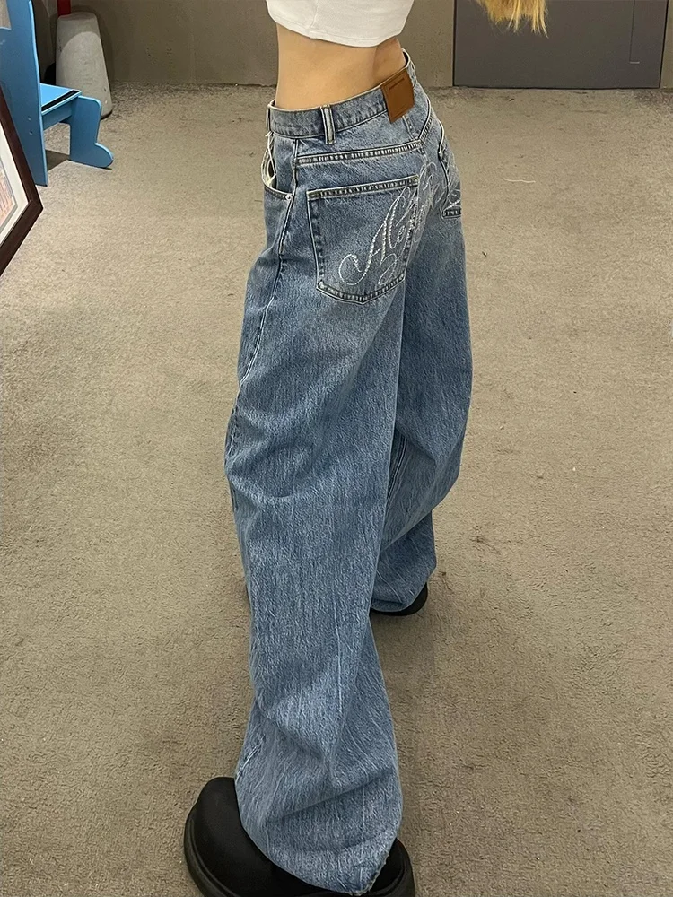 

Американские джинсы в стиле High Street для женщин: летние, модные, с оригинальным дизайном, буквенным принтом, удлиненные брюки