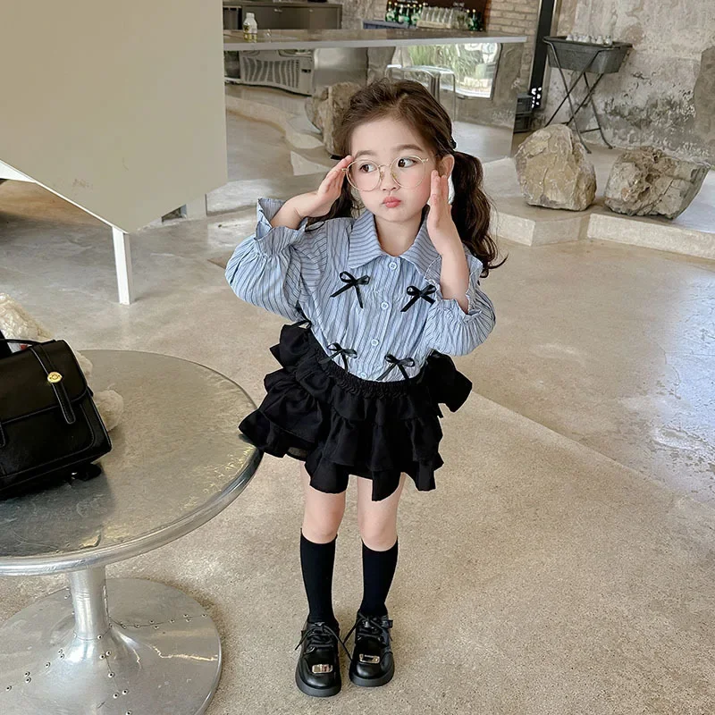 Girls Autumn Dress Set Children Korean Version Children Dress Western Style Striped Shirt Girl Baby Cake Skirt Two-piece Set