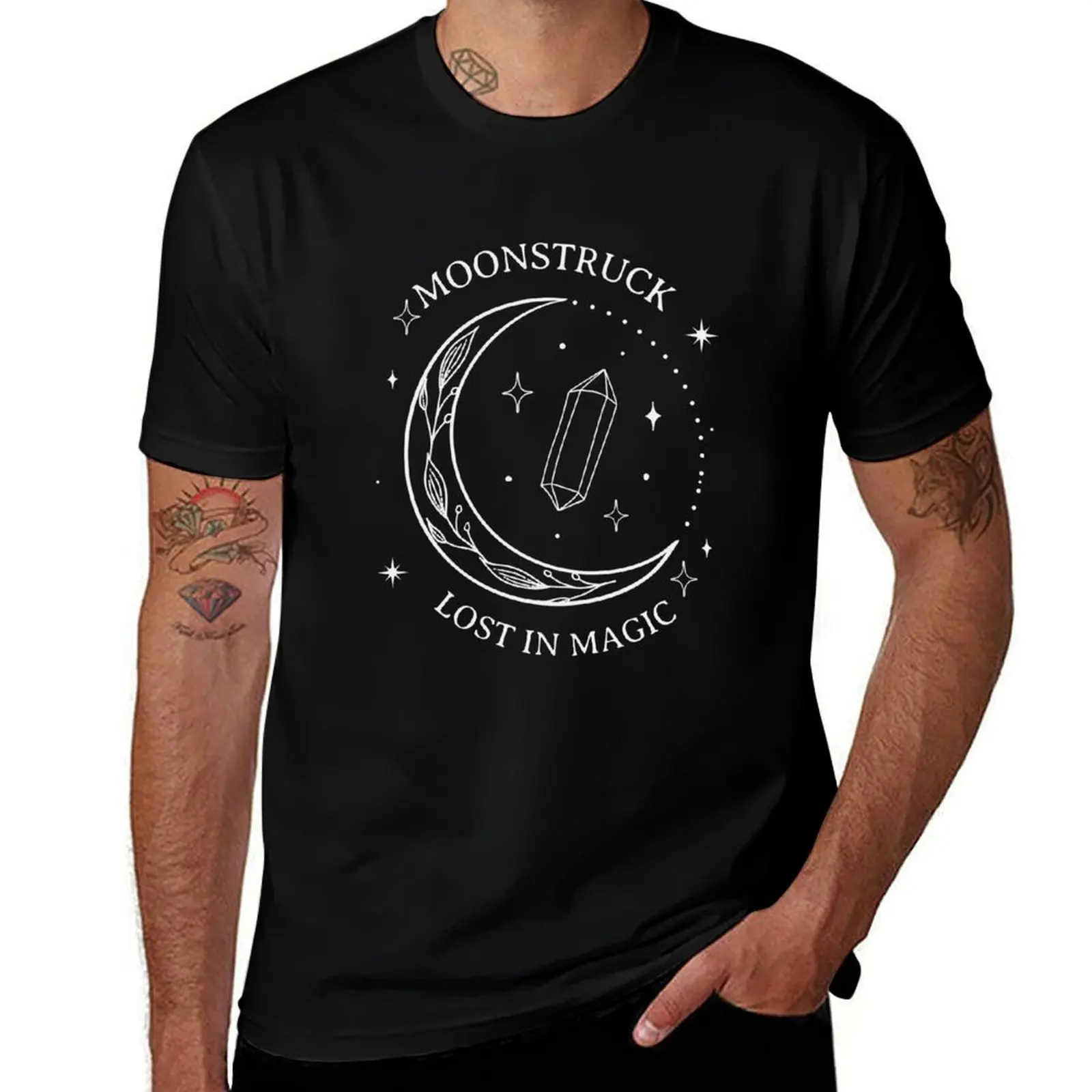 Moonstruck, crescent moon, crystal and stars, Lost in magic text T-Shirt vintage T-shirts oversize shirts graphic tee men