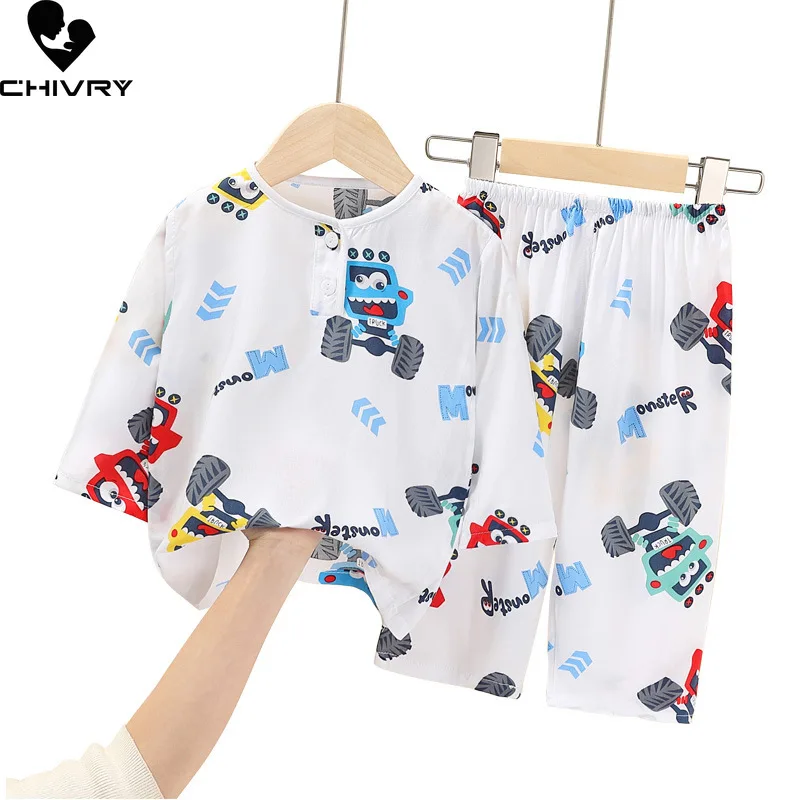 New 2022 Kids Boys Girls Summer Pajama Sets Cartoon Long Sleeve O-Neck Cute T-Shirt Tops with Pants Toddler Sleeping Clothes Set