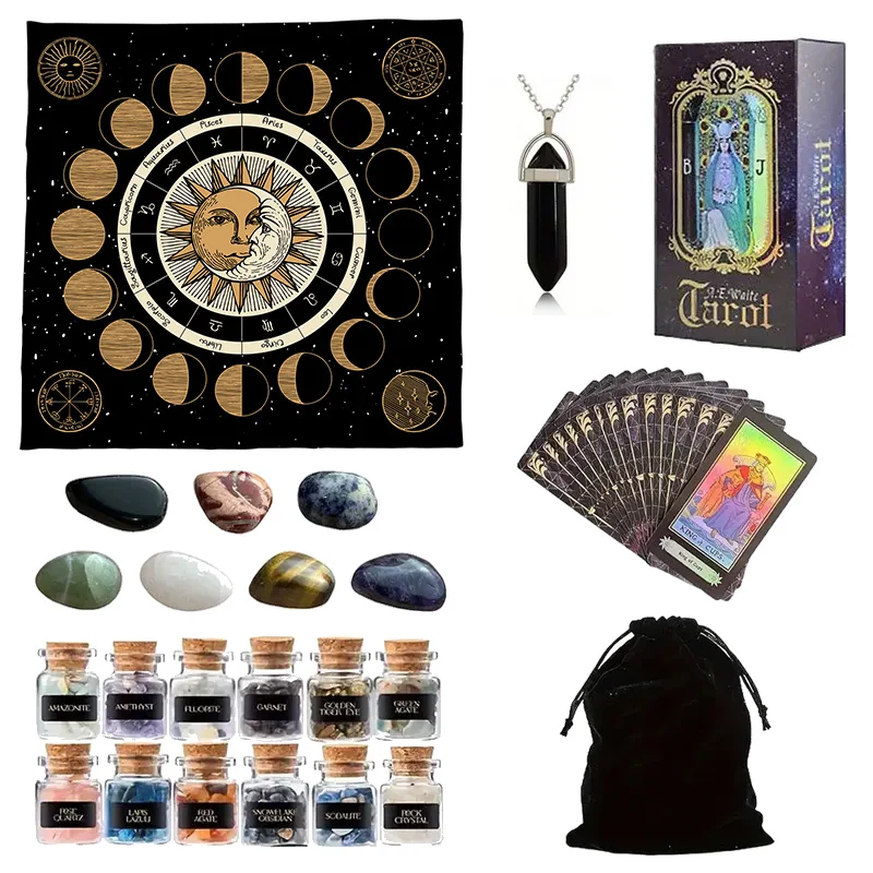 

Tarot Card Set 1 Set 78 Tarot Cards 12 Mini Crystal Vases 7 Chakra Stones 1 Tarot Tablecloth 1 Pendant Accessory 1 Storage Bag