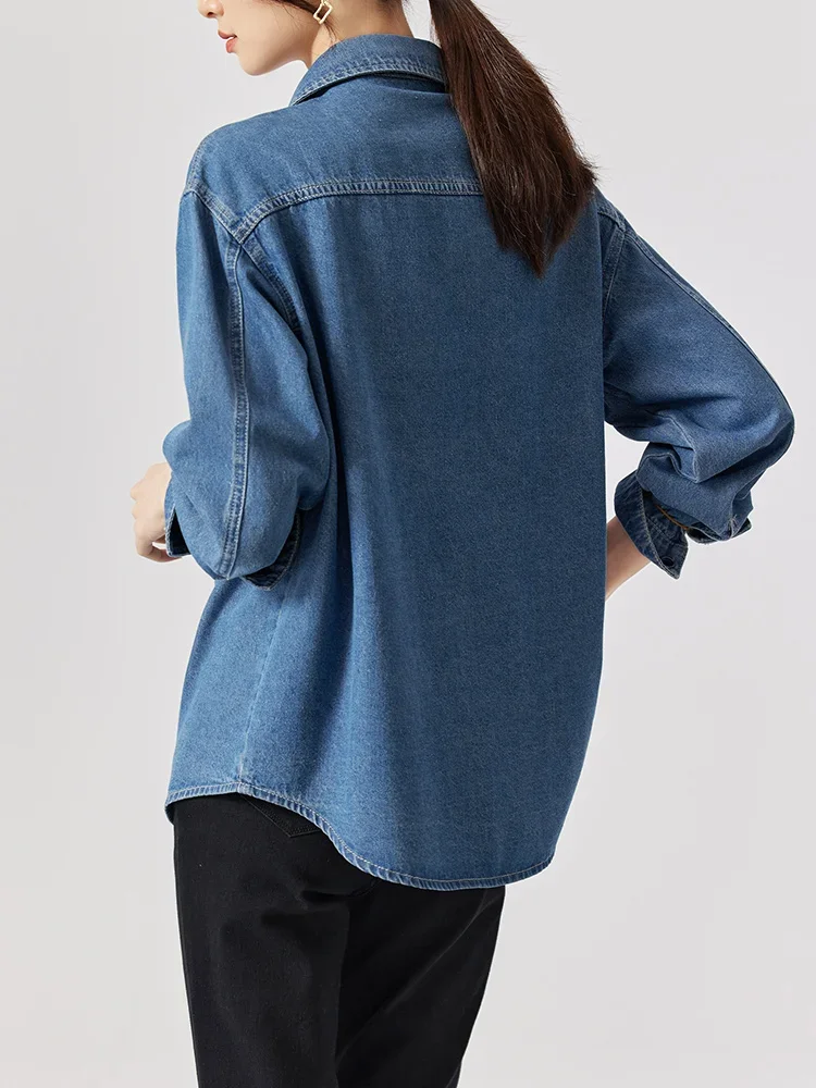 SENTUBILA Vintage Denim Shirts For Women Pockets Long Sleeve Polo Neck Button Down Shirt Blouses Streetwear Tops W31C47612
