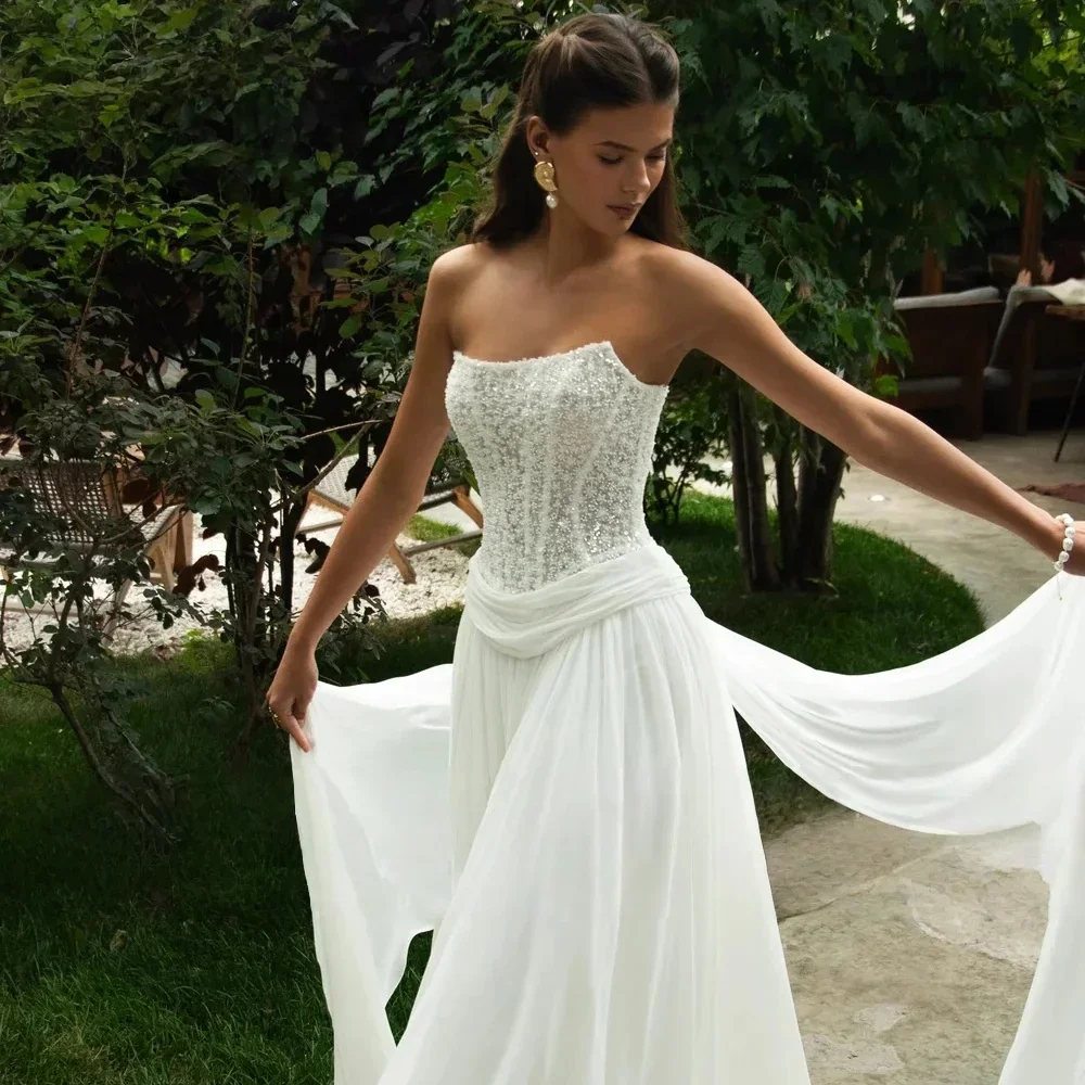 Elegant White A-Line Lace Decal Women's Wedding Dress Sexy Strapless Strapless Off Dance Bridal Gown Vestido De Novia Customized