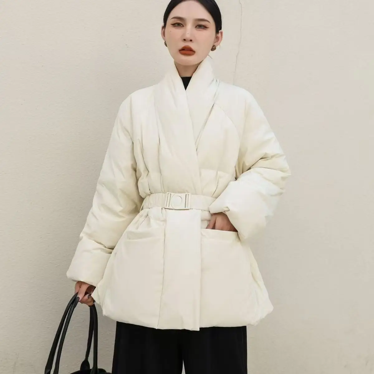 

Women's Medium-Length White Duck Down Jacket with Belt Buckle Winter Fashion Puffer Coat Snow Parka Thicken V-Neck Coat