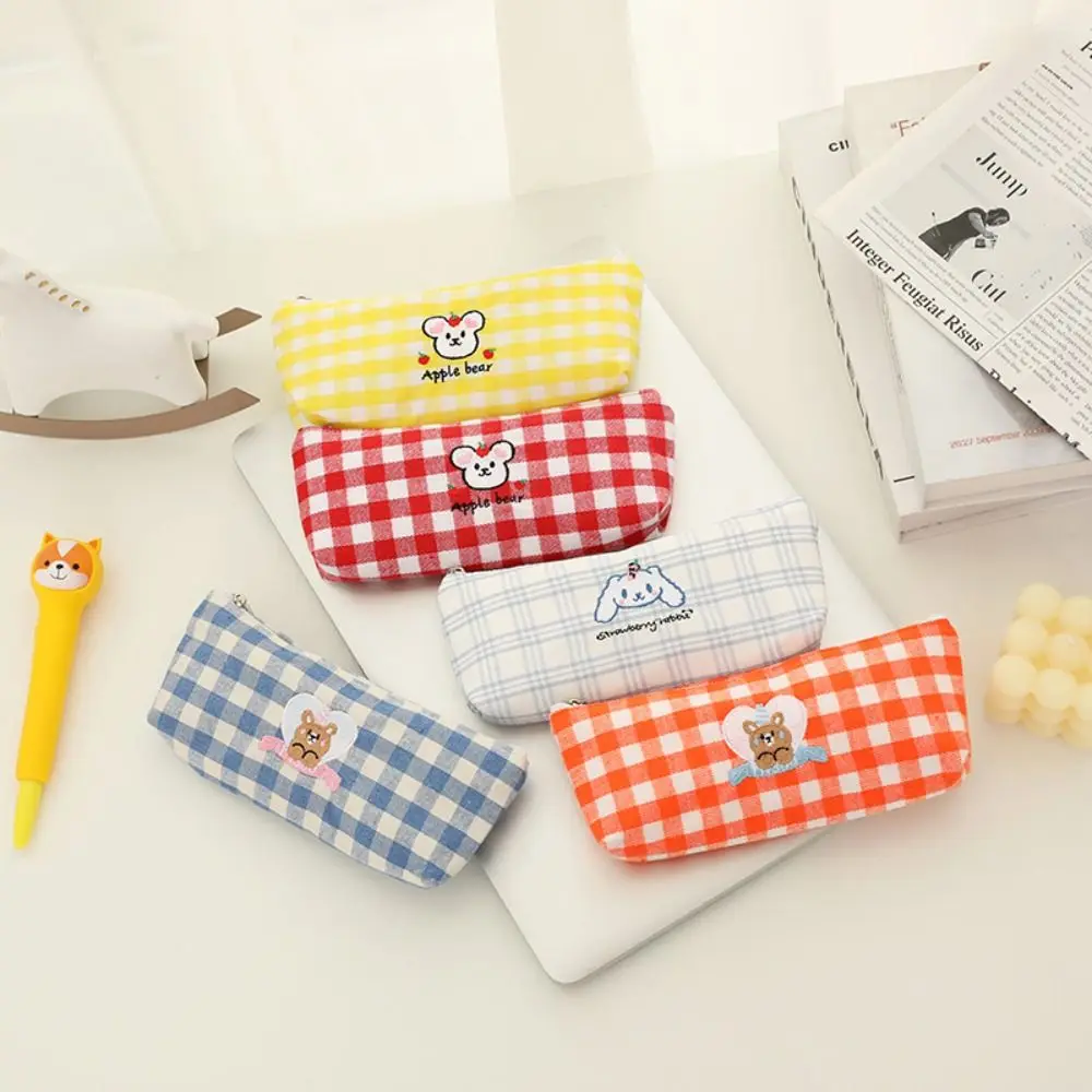 Cute Cartoon Embroidery Pen Bag Korean Ins Girl Heart Plaid Pencil Case Creative Salt Day System Stationery Storage Pouch