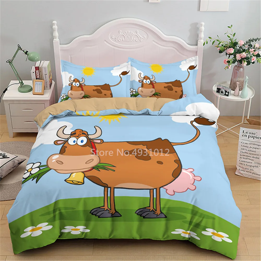 Cartoon Cow Animal Duvet Cover Set Kids Boys Girls GIfts Bedroom Decor Bedding Set Soft Comforter Cover with Zipper