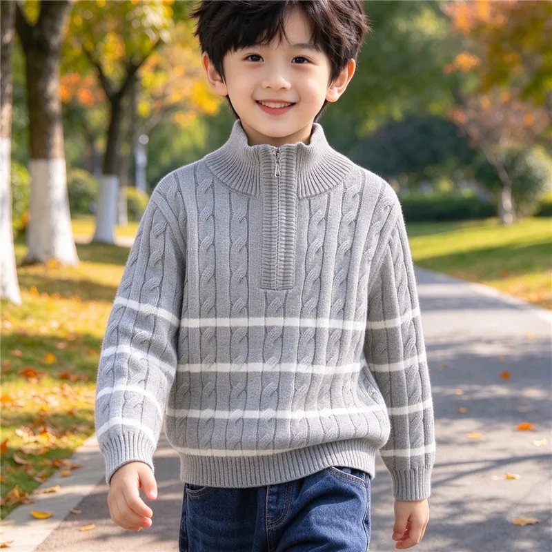 Boys Sweater 2026 Autumn/Winter Children's Stripe Half-Zip Knitted Pullovers For Teen Boys 6-15 Years Wear