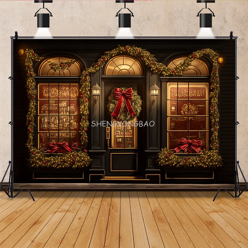 

Vinyl Custom Christmas Day Photography Backdrops Living Room Ornament Green Door Wreath Photo Studio Background Props QS-47