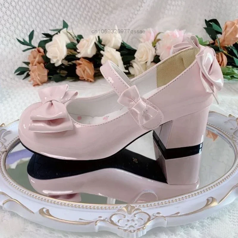 2024Lolita Style Cute Round Head  Jane Pumps With Bow Women's Sweet Party Dress Midi Heels Shoes Fashion PU Sandals