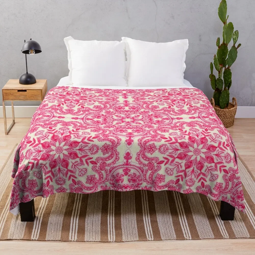 

Hot Pink & Soft Cream Folk Art Pattern Throw Blanket for babies Luxury Designer Cute Plaid Picnic Blankets