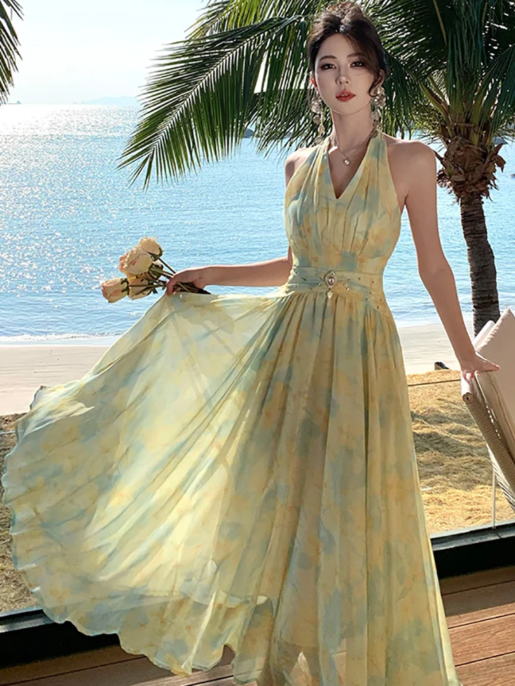 2025 Floral Chiffon Chic Diamonds Bow Neck-mounted Dress Women Elegant Beach Style Maxi Dress Summer Korean Bodycon Party Dress