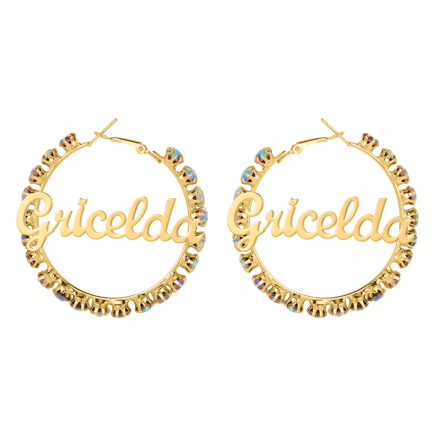 Customized personalized diamond inlaid name earrings, stainless steel round earrings, women's fashion show charm large earrings