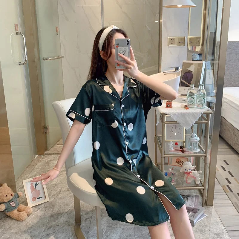 

Spring/summer New Women Sleepwear Satin Silk Short Sleeves Nightdress Thin Print Ladies Shirt Comfortableh Casual Home Dress