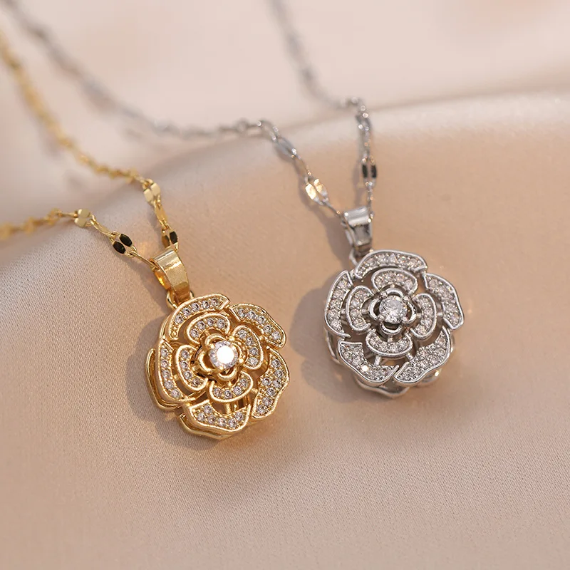 OIMG 316L Stainless Steel Gold Plated Temperament Fashion Rotatable Flower Full Rhinestone Pendant Necklace For Women Girl Party