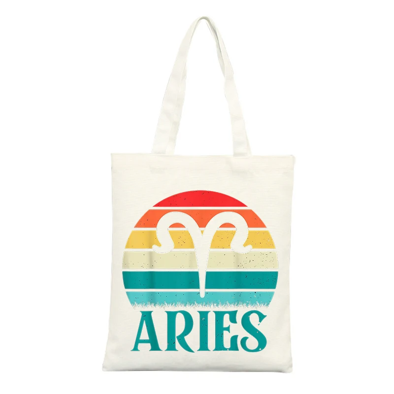 Aries Zodiac Sign Canvas Tote Bag with Retro Sunset Graphic, Ideal for Casual Daily Use and Shopping