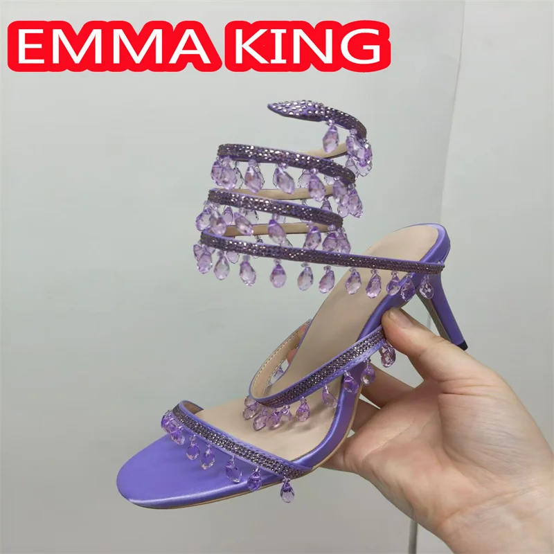 Ankle Wraparound High Heels Sandals Women Open Toe Rhinestones Prom Shoes Women's Stiletto Heel Sandals Snake Crystal Wrap Shoes