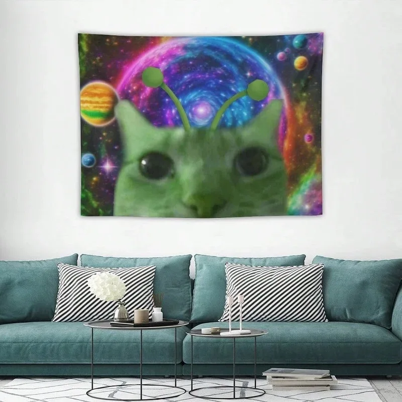 VIKAMA Trendy Alien Cat Tapestry Easy-Care Wall Hanging For Gaming Rooms Personalised Decorative Wall Tapestry