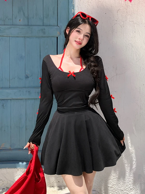 

Sexy Knot Hanging Ne-Piece e Skirt Swimsuit Women Long Sve Two-Piece Set Waist Slimming Bla Large...