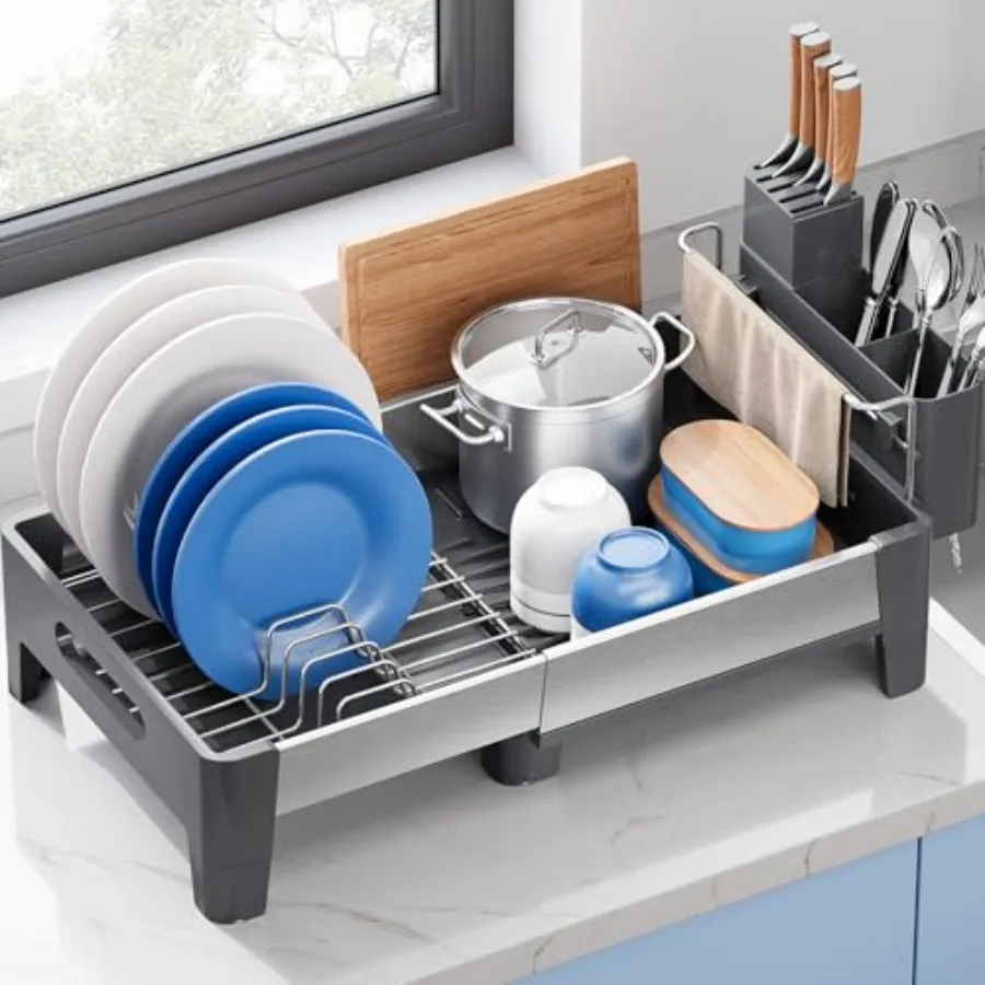 

Expandable Dish Drying Rack Stainless Steel Dish Rack with Aluminum Frame Dish Drainer for Kitchen Counter Space Saving Kitchen