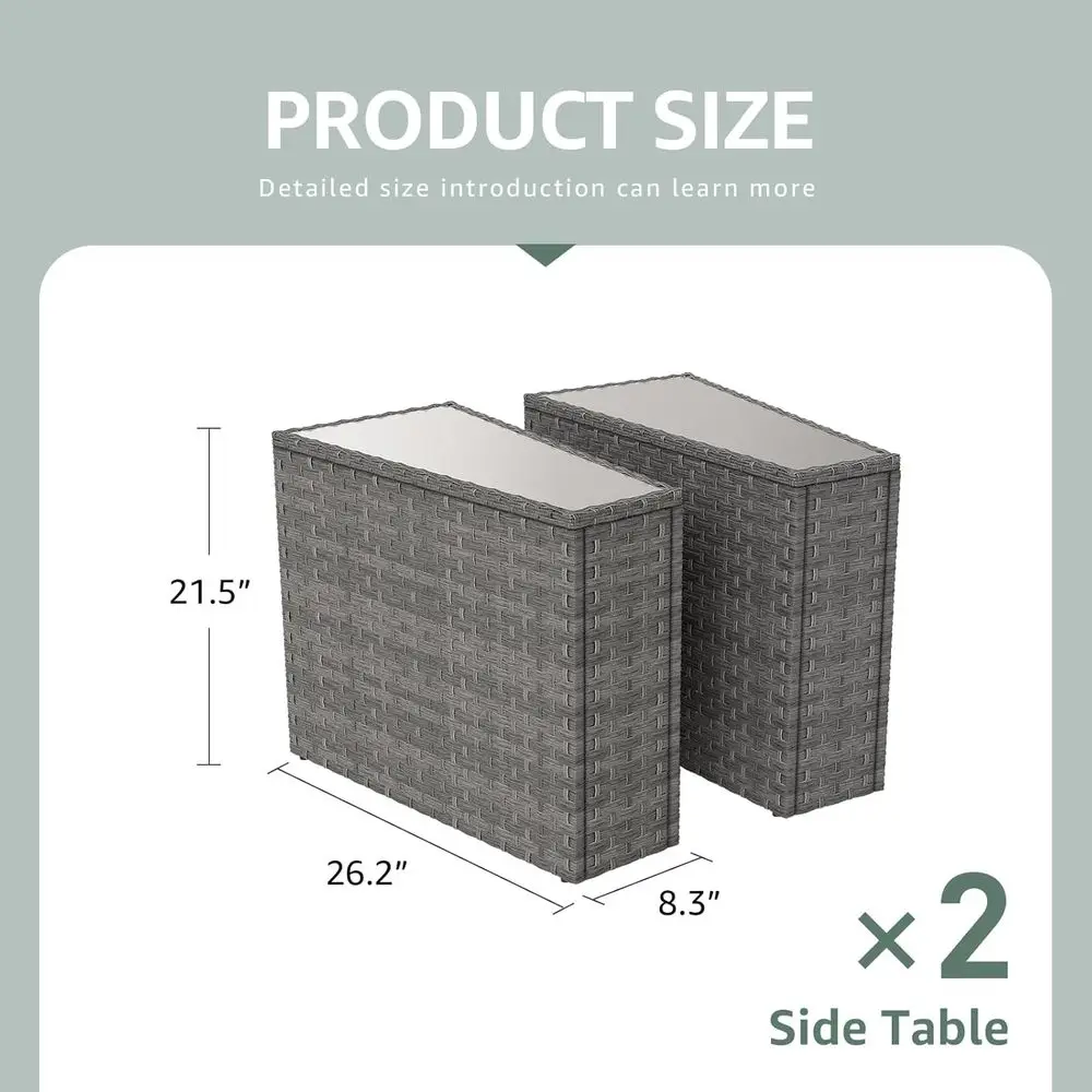 2-Pack Patio Wicker Wedge End Tables with Tempered Glass Top | PE Rattan Side Tables, Adjustable oot Leveler, Curved Couch Armre