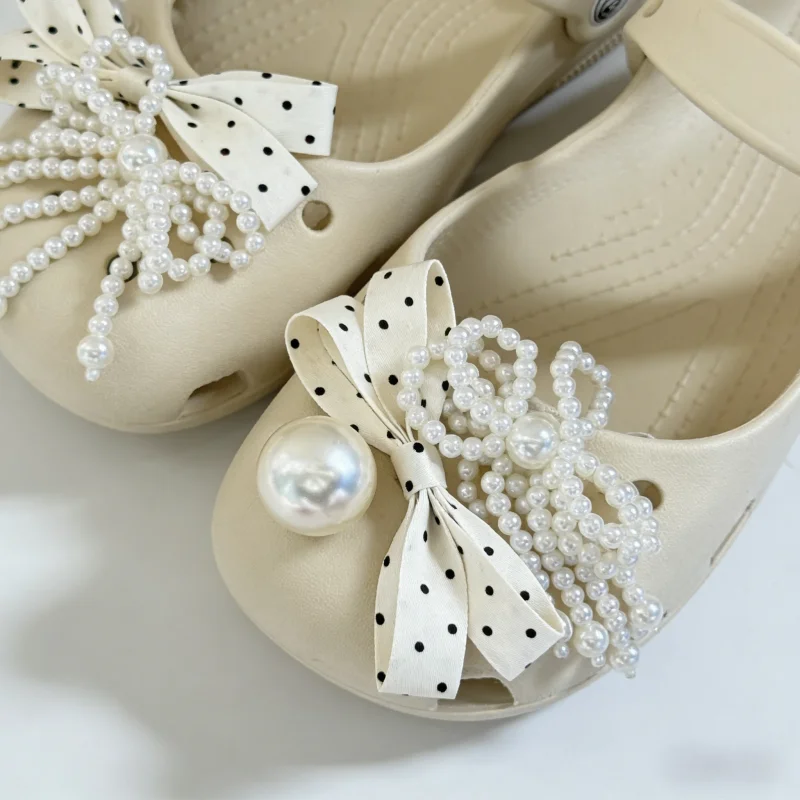 7PCS Elegant Pearl Bow Shoes Charms Set Polka Dot Shoe Decorations for Clogs Sandals Luxury DIY Accessories Gifts For Girl Women
