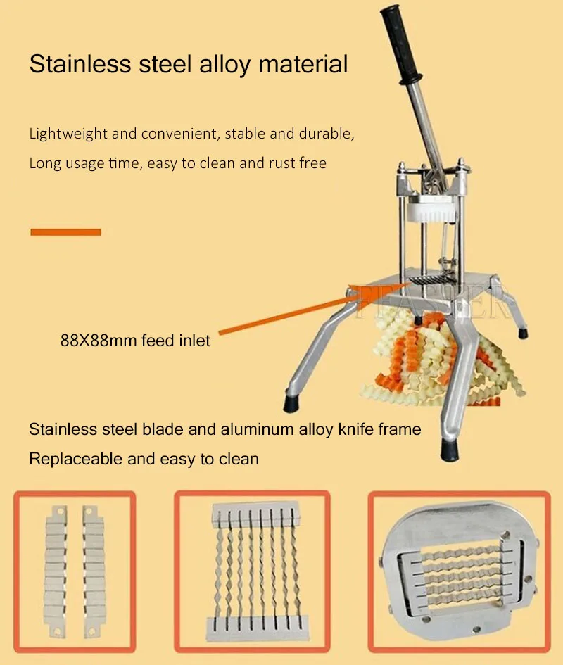 Roestvrijstalen Commerciële Handleiding Golvende Aardappelchips Cutter Frietjes Groente Fruit Snijmachine