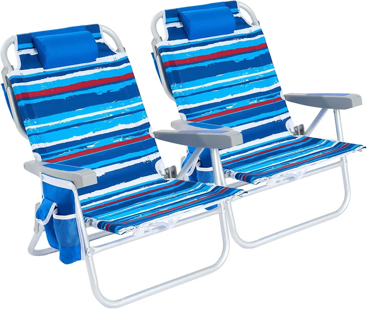 Low Beach Chair Set Of 2 Pack 5 Position Lay Flat Reclining Backpack Folding Lounge Chair Heavy Duty Lightweight Sand Chair With Cooler Bag Cup Holder Compact For Outdoor Camping Travel Blue
