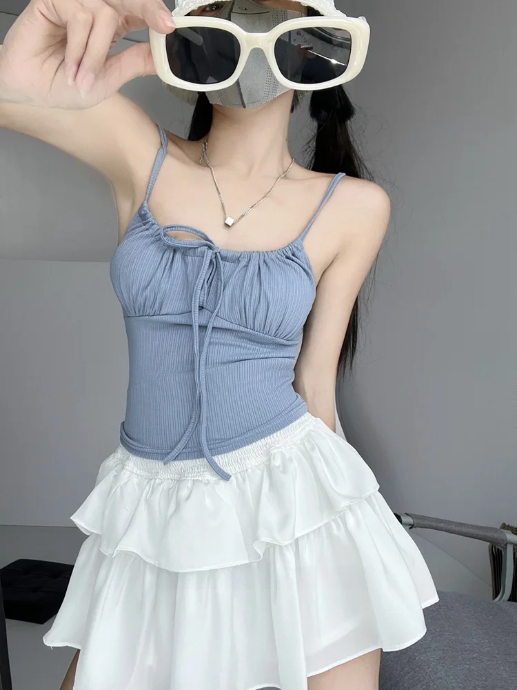 발레 소녀 매듭 화이트 스트랩 베스트 여성 여름 이너 핫걸 배꼽 노출 아우터웨어 스트릿 스타일 순수...