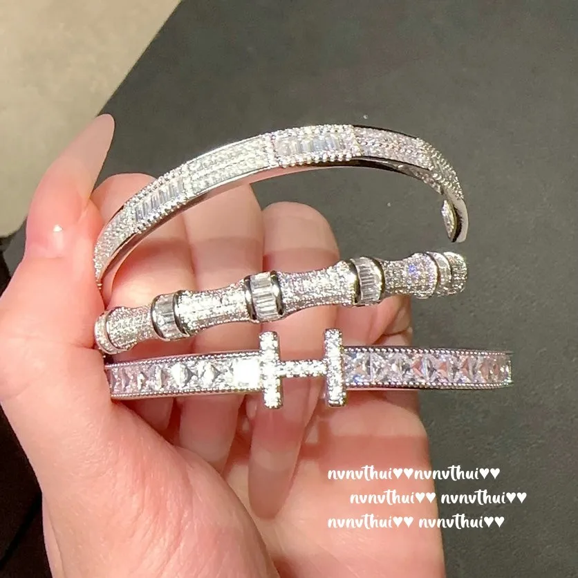 

Bright letter gemstone bracelet, 18K gold-plated jewelry zircon bamboo shape flash diamond bracelet opening adjustable